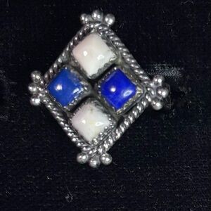 Southwestern Sterling Silver Lapis & White Howlite Diamond-Shaped Ring –adjustab